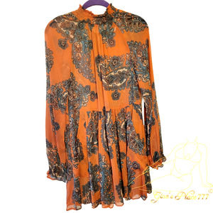 Women Free People Sheer Mini Tunic Dress With Pockets Multi Brown Paisley XS